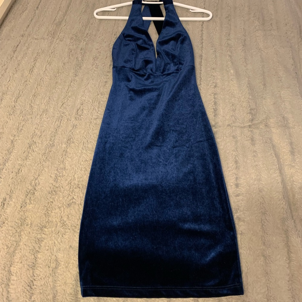 Blue velour above the knee dress
